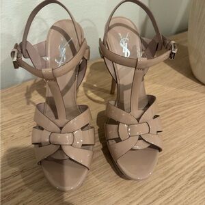 Saint Laurent Blush Patent Leather T-Strap Knot Heels